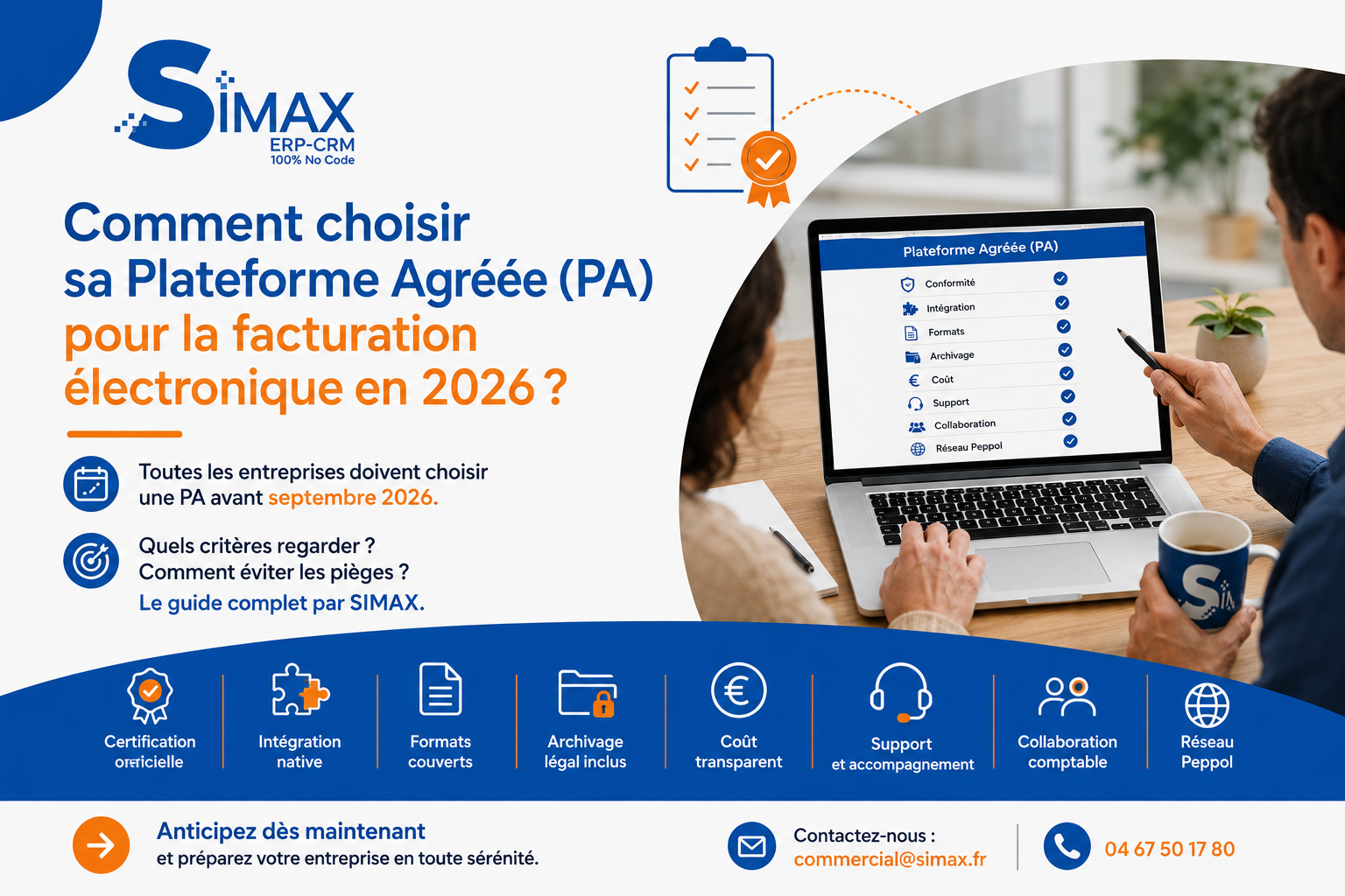 Comment choisir sa Plateforme Agréée PA facturation électronique 2026 Deux collaborateurs analysent les critères de choix d'une Plateforme Agréée (PA) sur un ordinateur portable pour préparer la facturation électronique obligatoire en 2026