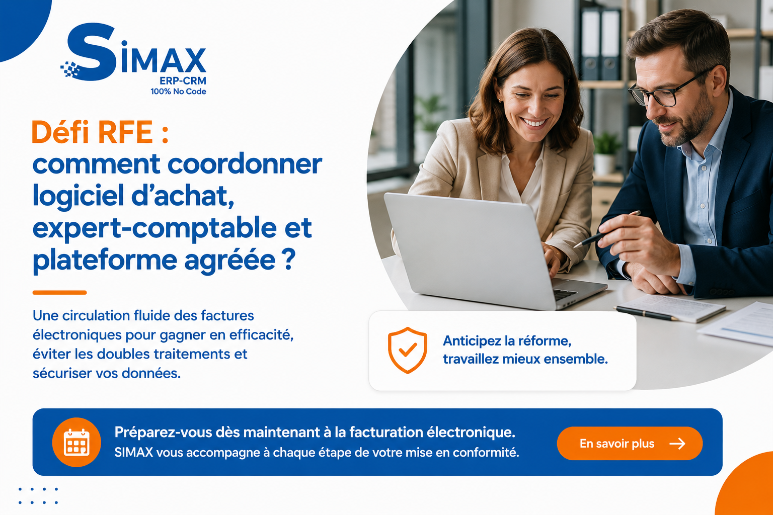 Défi RFE coordonner logiciel d’achat, expert-comptable et plateforme agréée Illustration montrant la circulation de la facturation électronique entre un logiciel d'achat, un expert-comptable et une plateforme agréée afin de sécuriser et fluidifier le traitement des factures