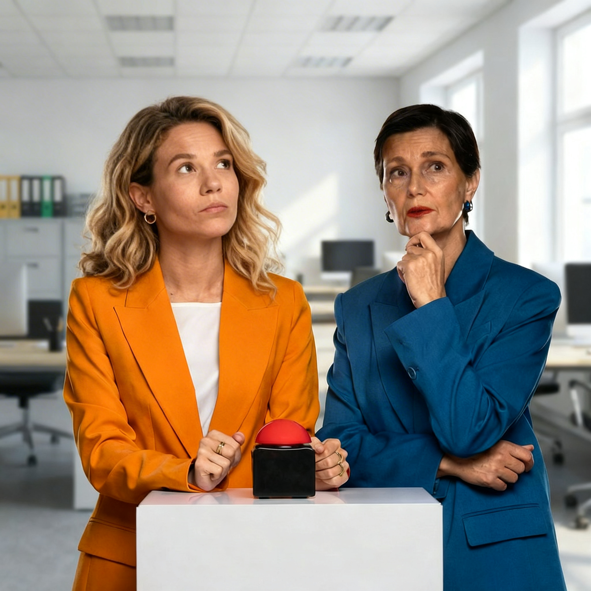 lon-son-équipe Deux femmes en tenue professionnelle dans un bureau moderne, réfléchissant avant d’appuyer sur un bouton rouge symbolisant une décision stratégique en leadership situationnel.
