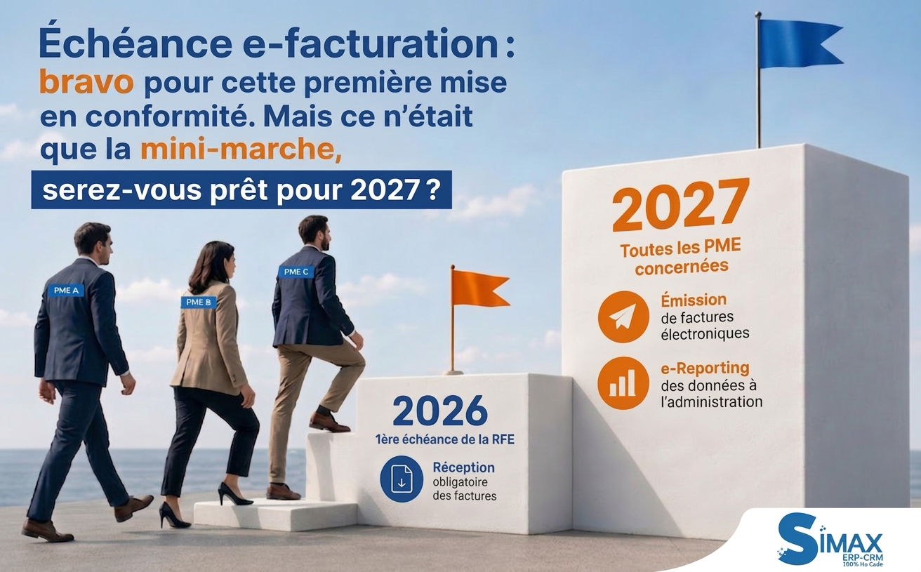 Image illustrant la réalité PME et e-facturation : réception obligatoire des factures électroniques en 2026, puis émission des factures électroniques et e-reporting pour les PME concernées en 2027.