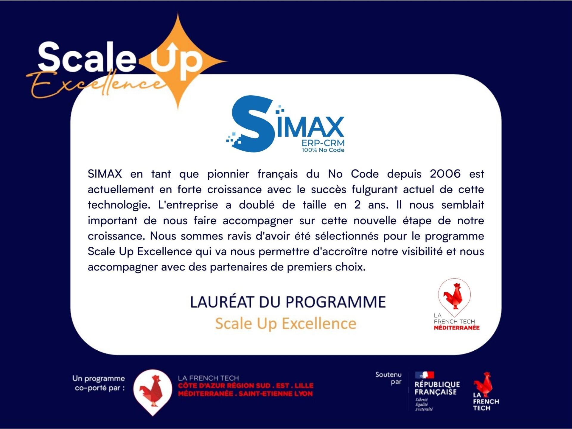 SIMAX parmi les lauréats de la French Tech Méditerranée pour le programme ” Scale Up Excellence