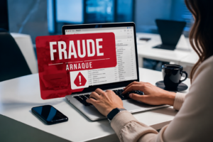 Femme utilisant un ordinateur portable avec une alerte rouge « Fraude / Arnaque » affichée à l'écran, illustrant le paiement par erreur vers un arnaqueur qui s’est fait prendre pour un fournisseur