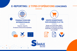 Infographie présentant les deux catégories d'opérations concernées par l'e-Reporting : transactions B2B internationales et ventes domestiques non soumises à la TVA.