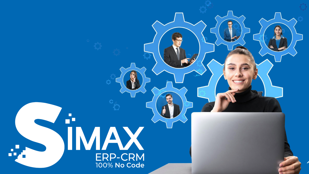 SIMAX ERP-CRM : solution No Code pour automatiser la paie et la facturation Visuel promotionnel SIMAX ERP-CRM avec collaborateurs et message 100 % No Code