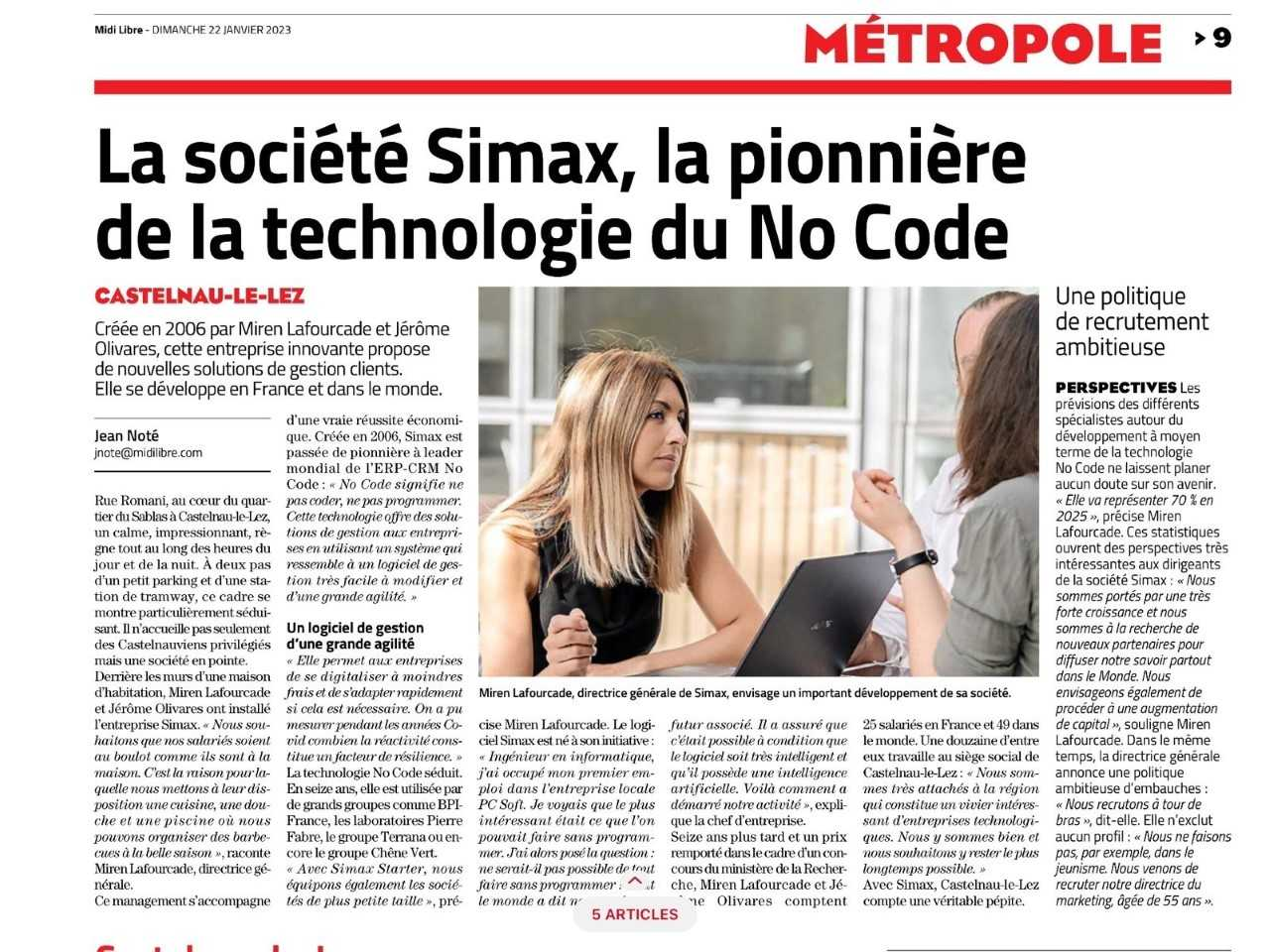 SIMAX dans un article de Midi Libre avec les mots de Miren Lafourcade, Directrice Générale de SIMAX