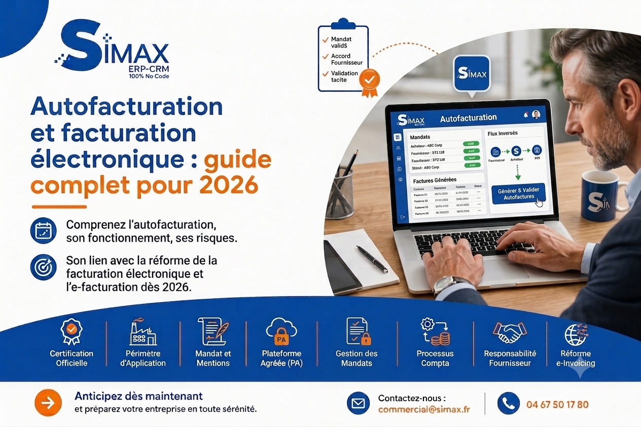 module-autofacturation-simax-2026 Interface du logiciel SIMAX ERP-CRM affichant un module d'autofacturation avec mandats validés et flux inversés acheteur-fournisseur